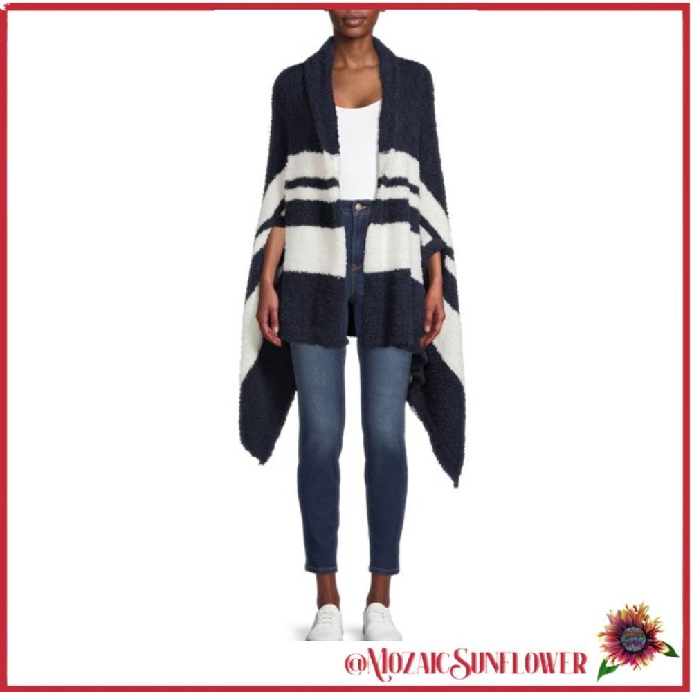 Shawl Collar Wrap Kimono Sleeves Drop Shoulder Navy Blue White Soft NWT